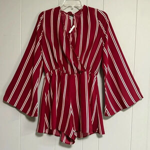 PEPPERMENT Vneck Long Flare Sleeves Back Tie Burgundy Stripe Short Romper Size M